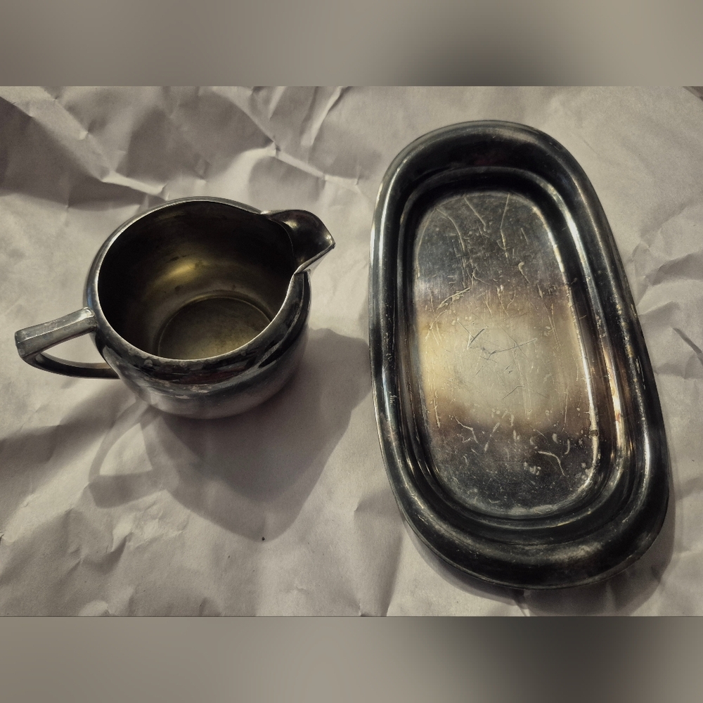 Elegant Silver Creamer and Tray Set/butter tray